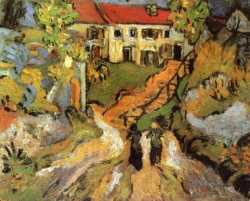  village Painting - Village Street and Steps in Auvers with Two Figures Vincent van Gogh